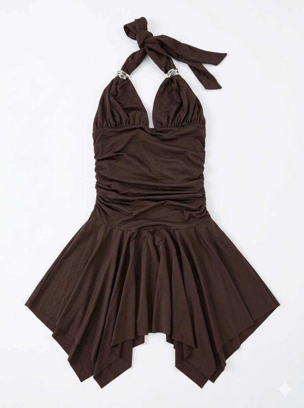 🩵NWOT Brown Halter Neck Ruched Waist Asymmetric Dress Medium